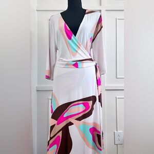 Abstract Print Wrap Dress in White, Hot Pink, Brown & Aqua